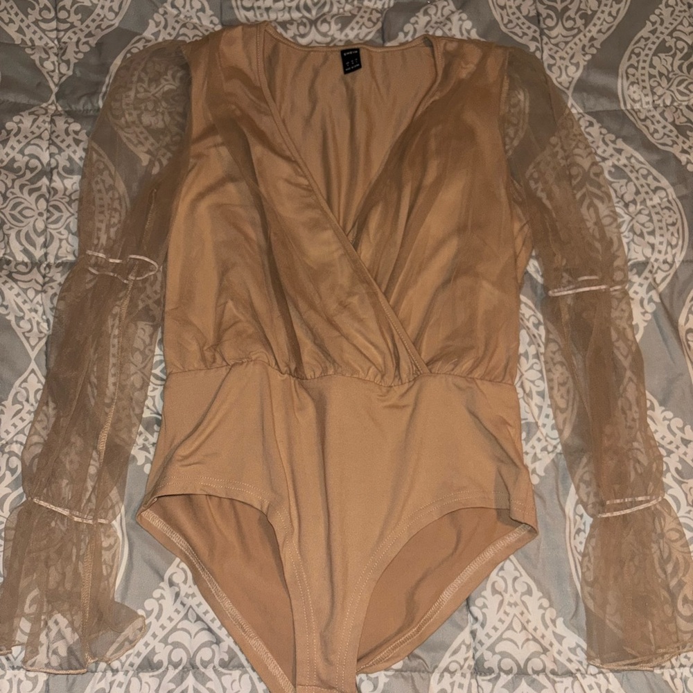 Women’s Tan Mesh Sleeve One-Piece Bodysuit